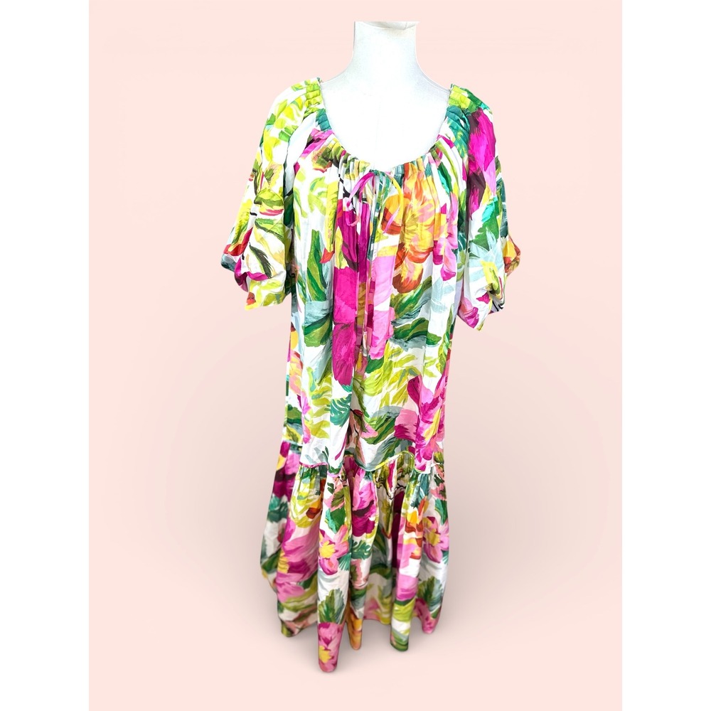 Farm Rio NWT SZ XS Off White Painted Flowers Maxi Dress Off Shoulder Puff Sleeve - Picture 5 of 16